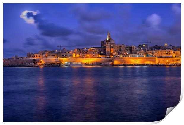 Valletta Night Skyline In Malta Print by Artur Bogacki
