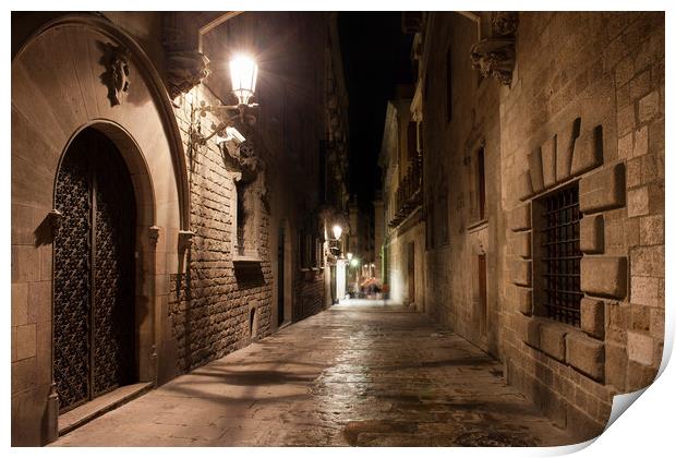 Street in Gothic Quarter of Barcelona at Night Print by Artur Bogacki