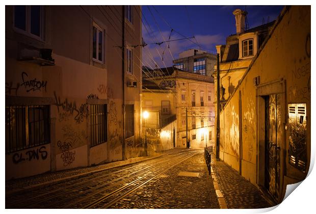 Calcada da Gloria Street at Night in Lisbon Print by Artur Bogacki
