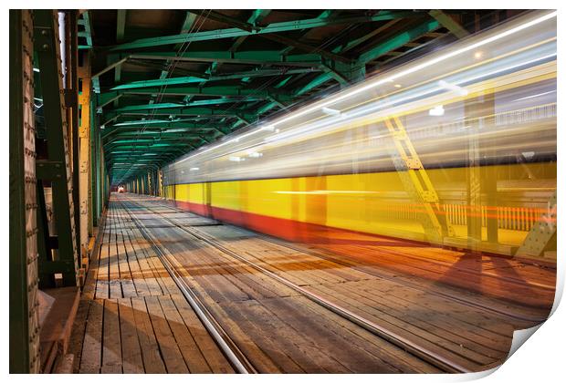 Bridge With Tram Light Trails In Warsaw Print by Artur Bogacki