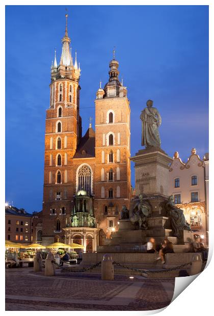 St Mary Basilica and Adam Mickiewicz Monument in Krakow Print by Artur Bogacki