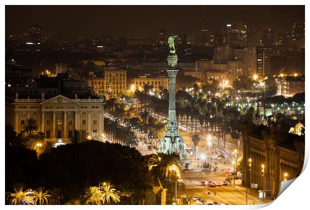 Barcelona Cityscape and Columbus Monument by Night Print by Artur Bogacki