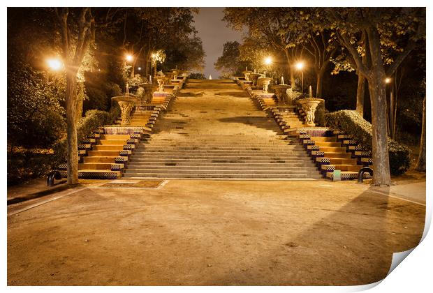 Stairs at Montjuic Hill at Night in Barcelona Print by Artur Bogacki