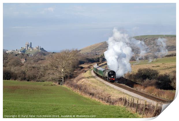 Steam locomotive Manston departing Corfe Castle Print by Daryl Peter Hutchinson