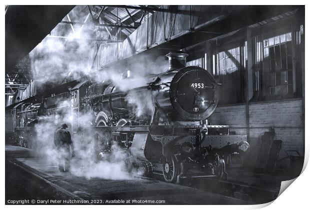 Hall Class steam locomotive in the shed with steam Print by Daryl Peter Hutchinson