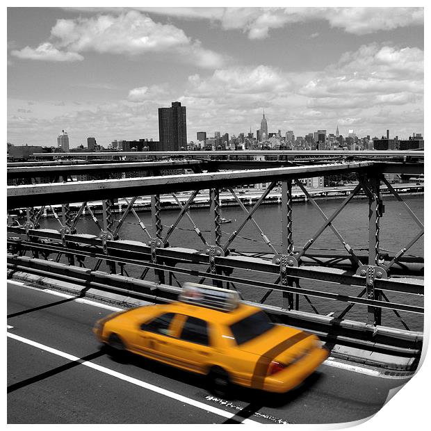  Yellow cab on Brooklyn Bridge, New York Print by Peter Schneiter