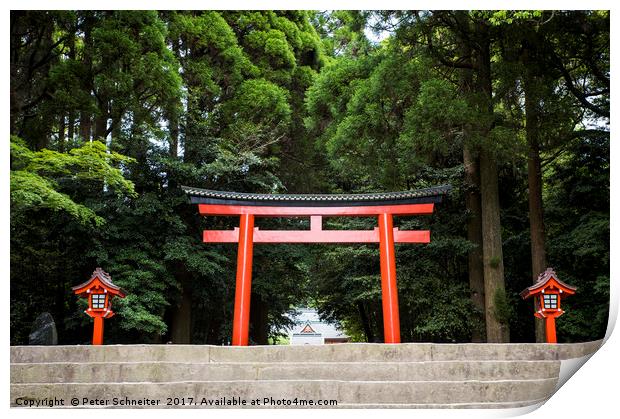 Entrance to Kirishima-Jingu Shrine, Kyushu, Japan. Print by Peter Schneiter