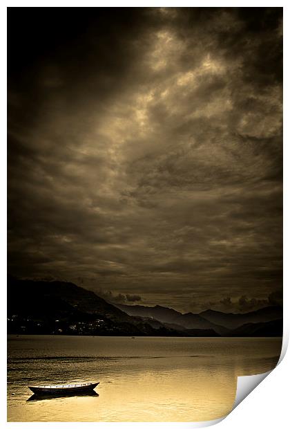 Lone boat on Fewa Lake, Pokhara, Nepal Print by Julian Bound