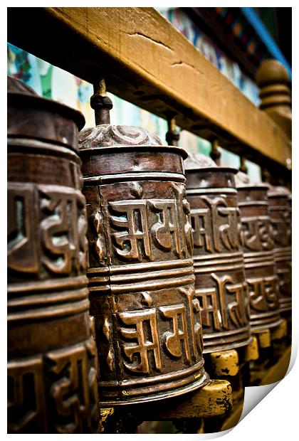 Tibetan Buddhist prayer wheels of Boudhanath stupa Print by Julian Bound