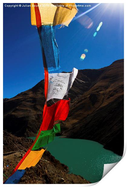 The Yamdrok Lake of Tibet with prayer flags Print by Julian Bound