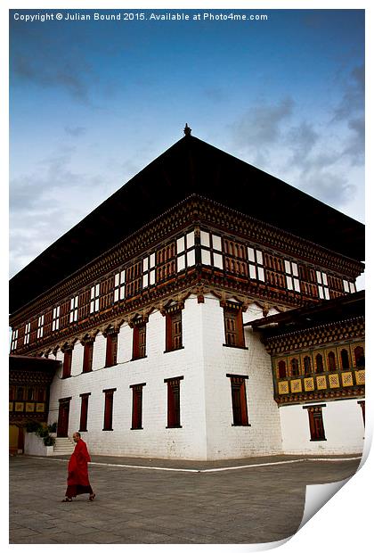 Buddhist Monk of Tashi Chho Dzong Fortress, Bhutan Print by Julian Bound