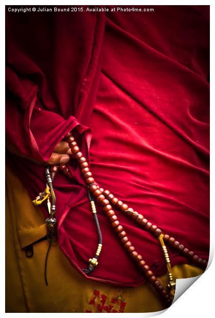 Tibetan monk and beads, Boudhanath Temple, Kathman Print by Julian Bound
