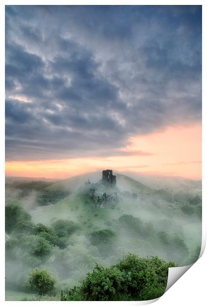 Misty Morning at Corfe Castle Print by daniel allen