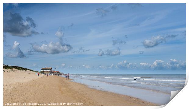 Brancaster beach and the clubhouse. Print by Bill Allsopp