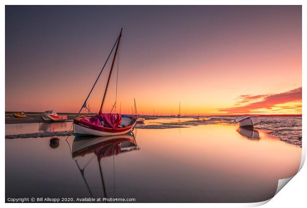 Rosy dawn at Brancaster Staithe. Print by Bill Allsopp