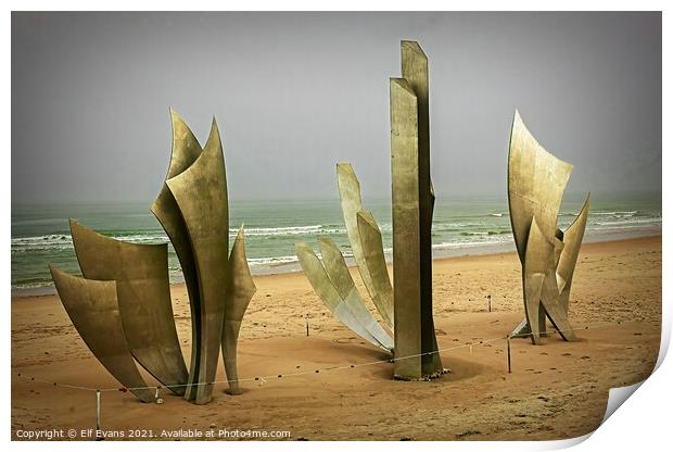 Sculpture on Normandy Beach Print by Elf Evans