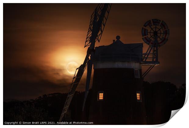 Cley windmill and harvest moon at night in Norfolk Print by Simon Bratt LRPS