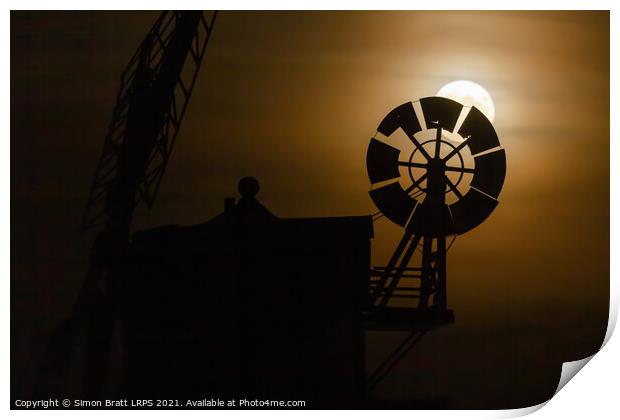 Cley windmill silhouette with full moon fantail Print by Simon Bratt LRPS