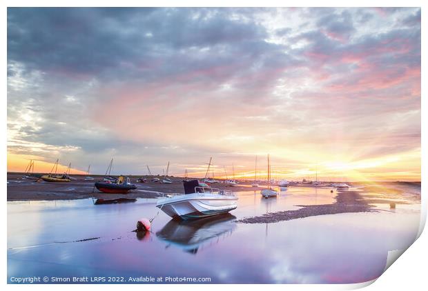 Brancaster Staithe boat harbour at sunrise in Norfolk UK Print by Simon Bratt LRPS