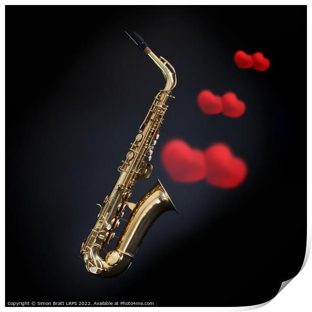 Love saxophone music with hearts on black Print by Simon Bratt LRPS