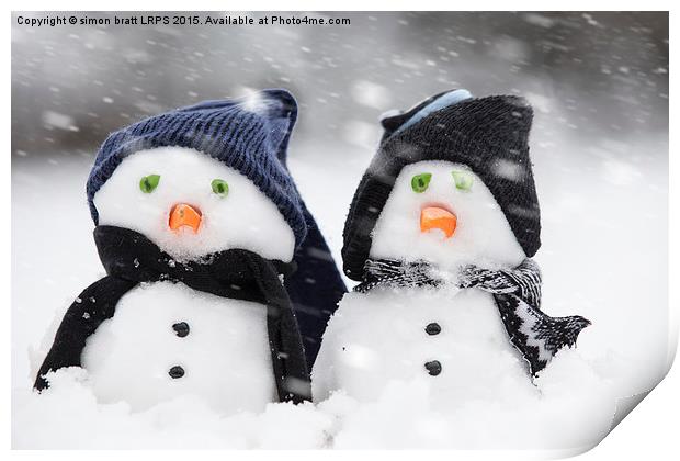 Two cute snowmen dressed for winter Print by Simon Bratt LRPS