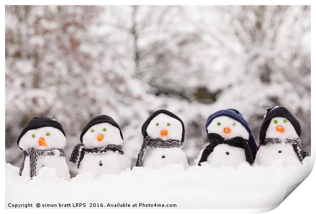 Five cute snowmen facing forward Print by Simon Bratt LRPS