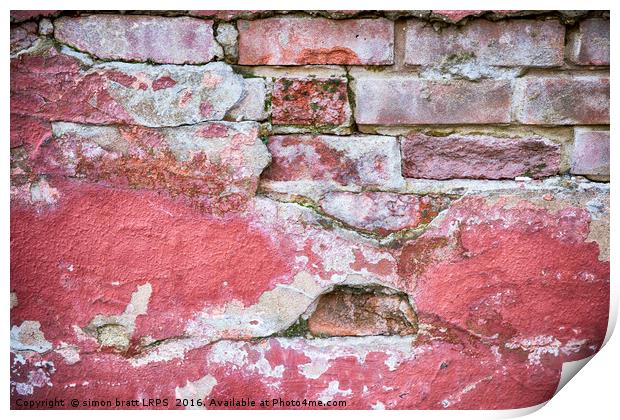 Grunge red wall with broken plaster close up Print by Simon Bratt LRPS