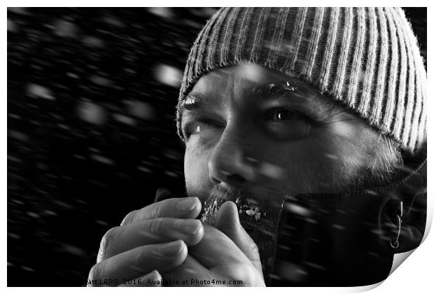 Man freezing in snow storm BW Print by Simon Bratt LRPS