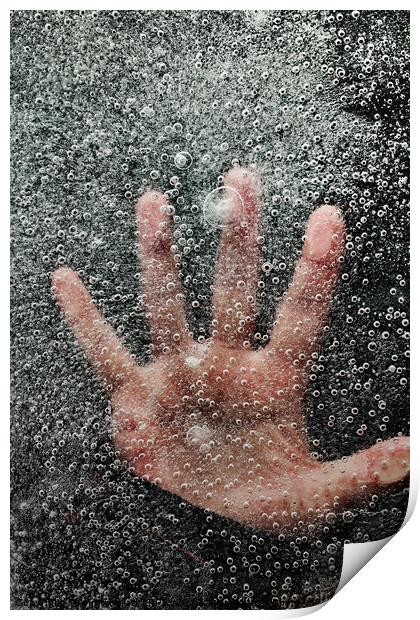 Mans hand below frozen lake drowning Print by Simon Bratt LRPS