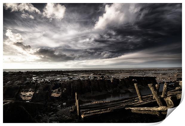 Storm clouds over beached shipwreck Print by Simon Bratt LRPS