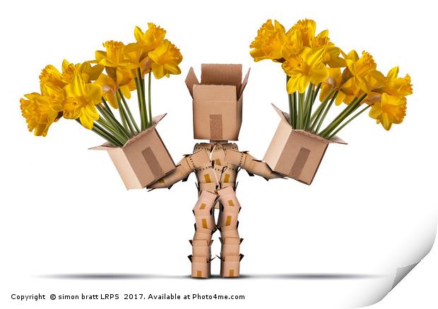 Box character holding two boxes of flower Print by Simon Bratt LRPS