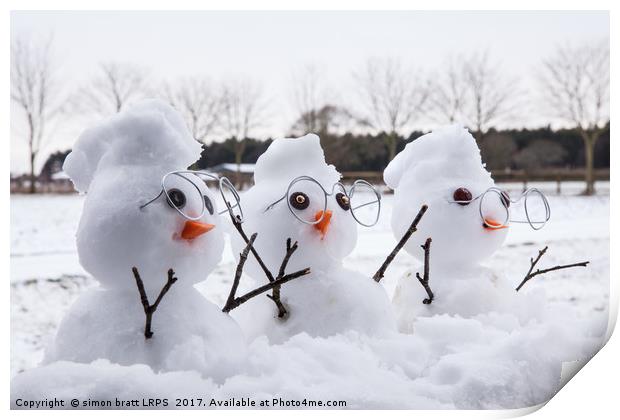 Three cute snowman characters with mohicans Print by Simon Bratt LRPS