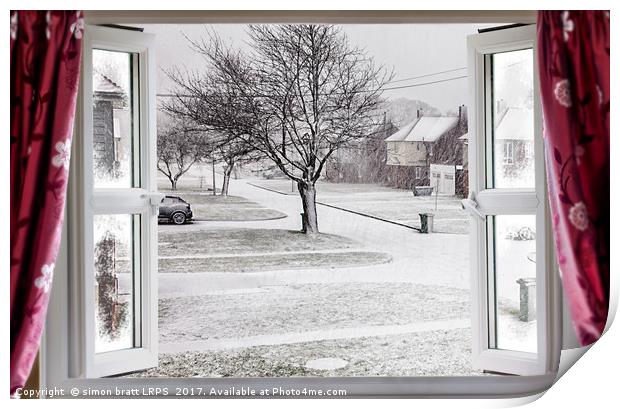 Beautiful winter scene through an open window Print by Simon Bratt LRPS