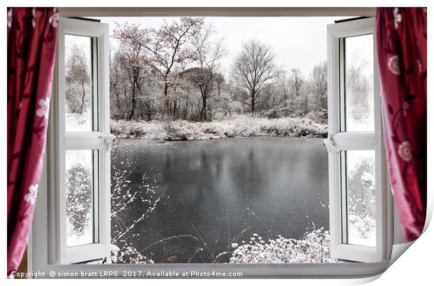 Beautiful frozen lake scene through an open window Print by Simon Bratt LRPS