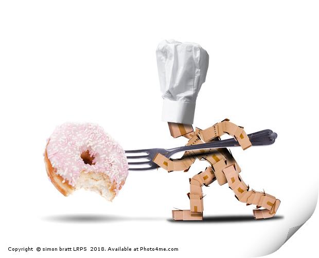 Chef box character attacking a large donut Print by Simon Bratt LRPS