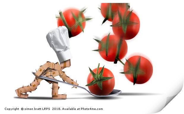 Cute chef box character catching tomatoes Print by Simon Bratt LRPS