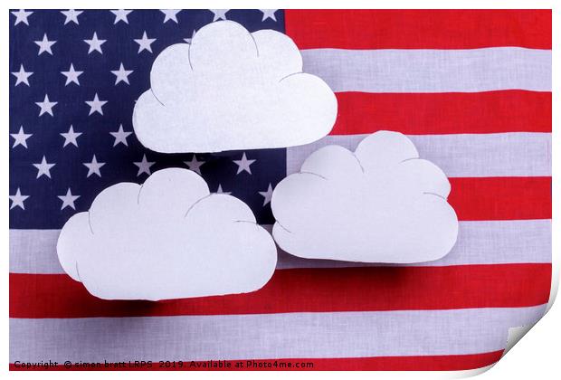American flag with three white clouds floating abo Print by Simon Bratt LRPS