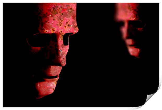 Two red rusting old decaying robot faces Print by Simon Bratt LRPS