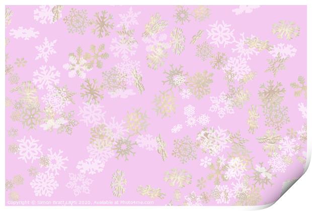 Falling snowflakes pattern on pink background Print by Simon Bratt LRPS