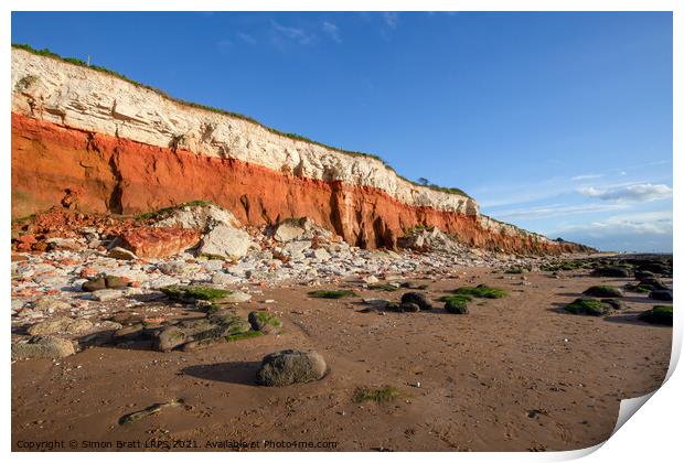 Red rock cliffs on Hunstanton beach Norfolk UK Print by Simon Bratt LRPS