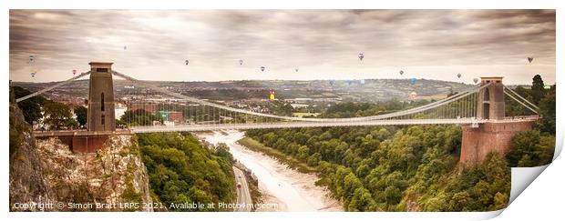 Hot air balloons behind Bristol Clifton Suspension Print by Simon Bratt LRPS