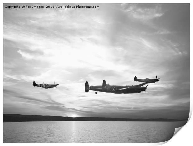 Lancaster bomber and spitfires Print by Derrick Fox Lomax
