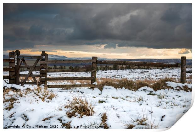 Peak District Gate - stormy winter sky in snow. Print by Chris Warham