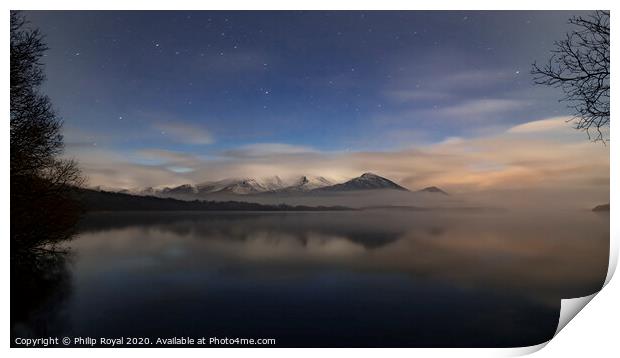 Night Reflection, Snow on Skiddaw, Lake District Print by Philip Royal