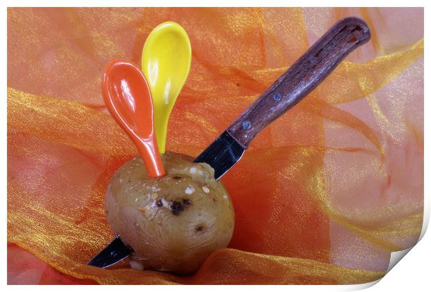 Potato with knife and teaspoons Print by Jose Manuel Espigares Garc