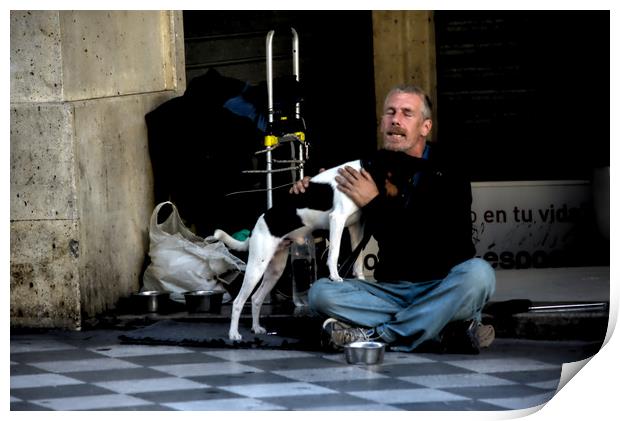 Homeless man with dog Print by Jose Manuel Espigares Garc