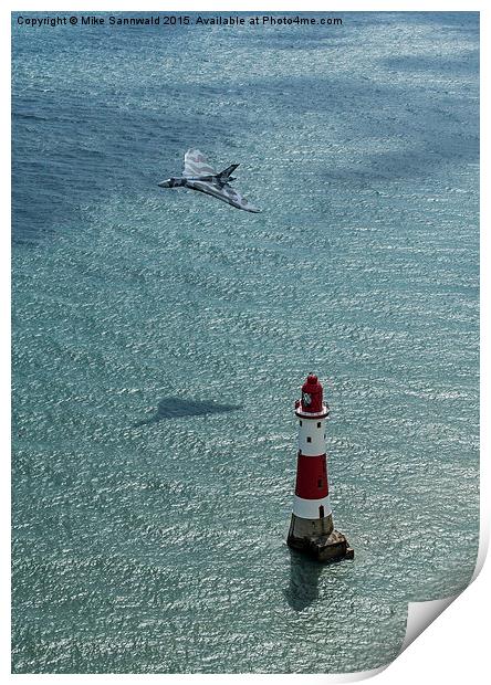  Avro Vulcan low pass over Eastbourne lighthouse Print by Mike Sannwald