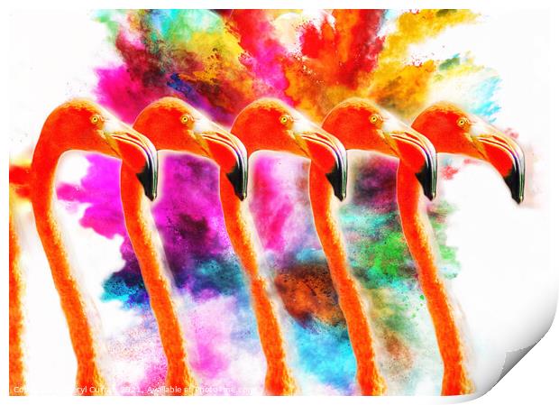 Explosion of Colour Flamingo Army Print by Beryl Curran