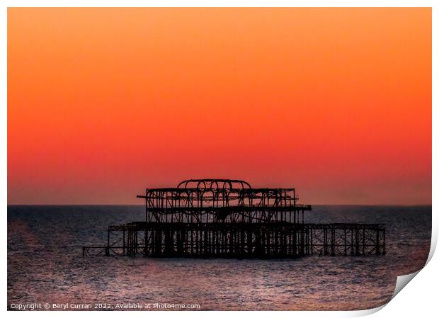 Orange Sunset over the Iconic West Pier Brighton Print by Beryl Curran
