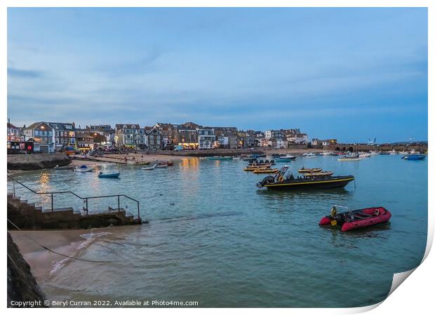 Serene Evening Stroll in St Ives Harbour Print by Beryl Curran